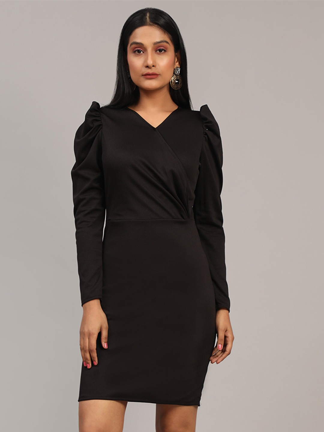 

BAESD V-Neck Puff Sleeve Sheath Dress, Black