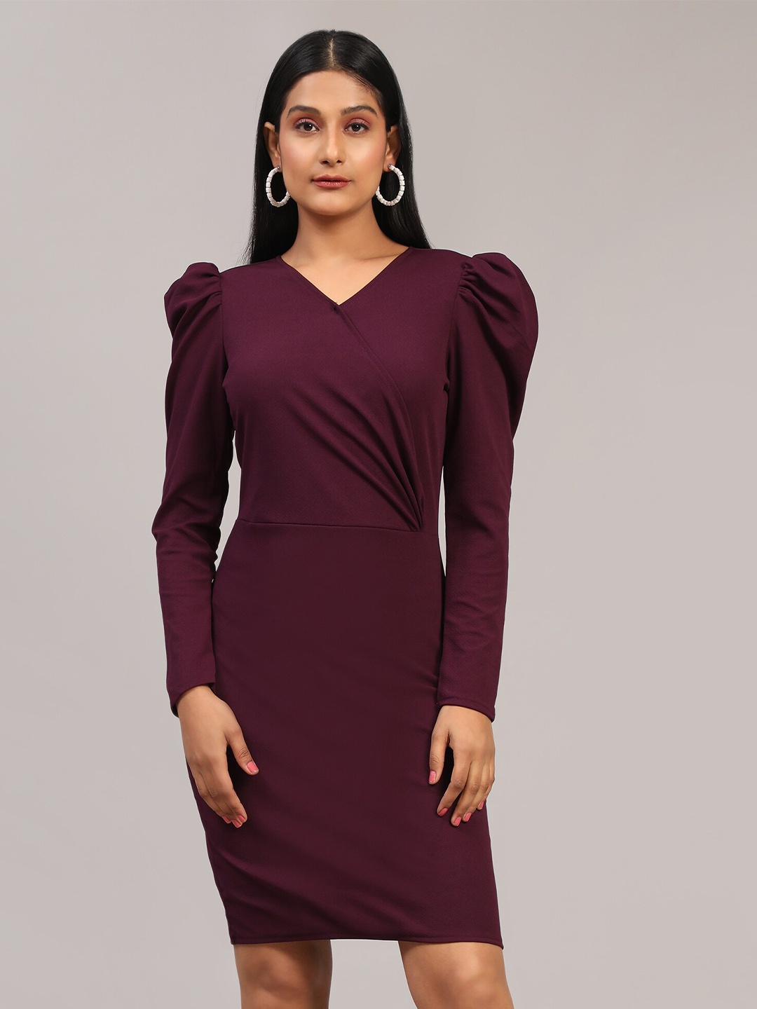 

BAESD Puffed Sleeves Sheath Dress, Maroon