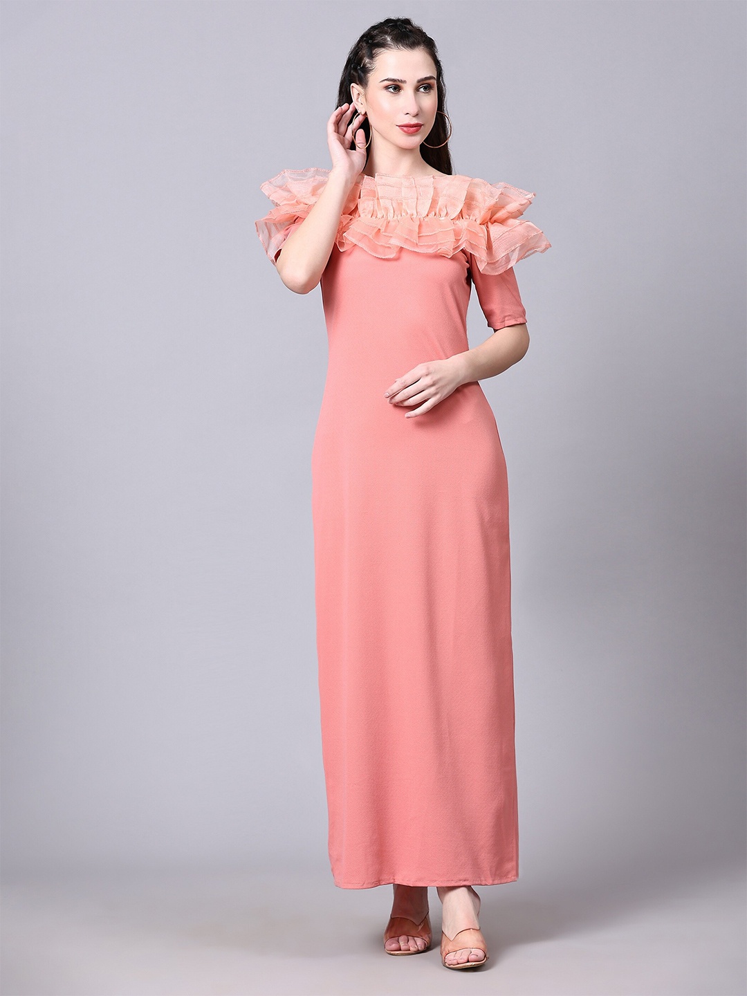 

BAESD Off Shoulder Neck Ruffled Detail Sheath Dress, Peach