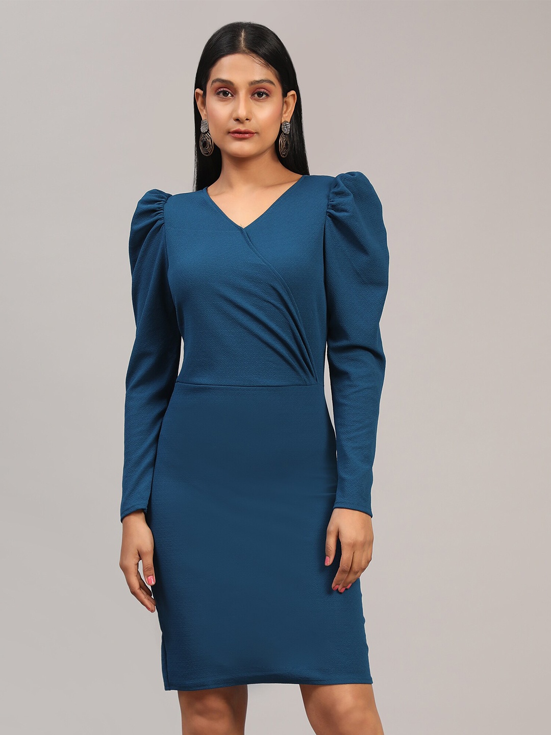 

BAESD V-Neck Puff Sleeve Sheath Dress, Blue