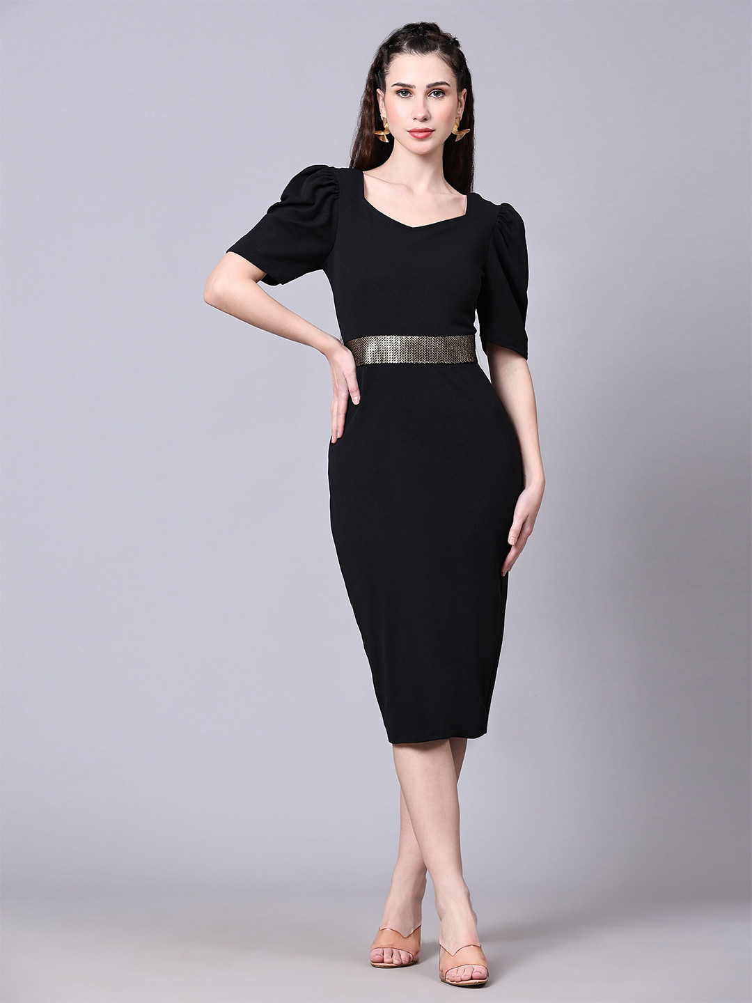 

BAESD Embellished Puffed Sleeves Sheath Midi Dress, Black