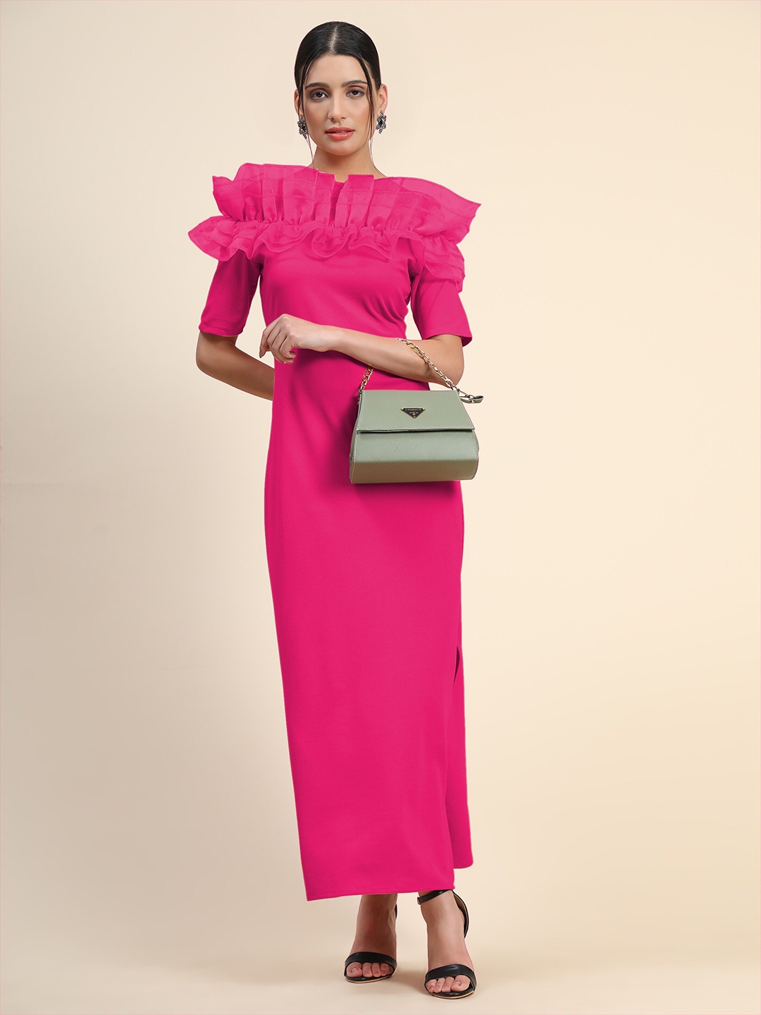 

BAESD Off Shoulder Neck Ruffled Detail Sheath Dress, Pink