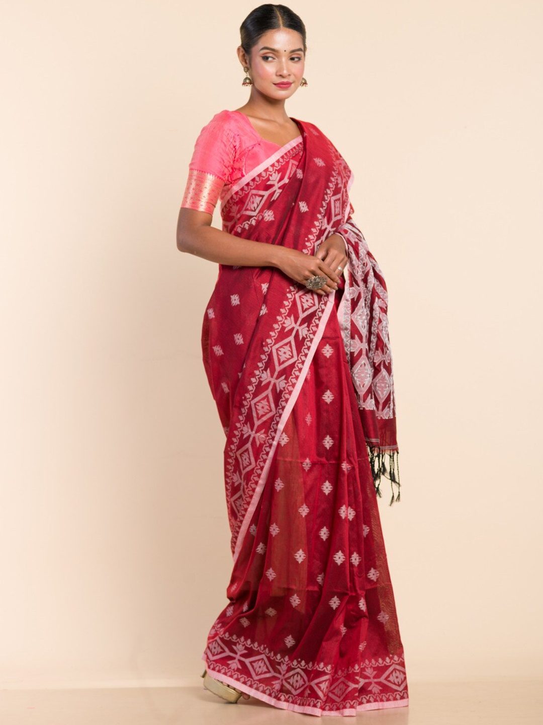 

HERE&NOW Ethnic Motifs Woven Design Jamdani Saree, Maroon
