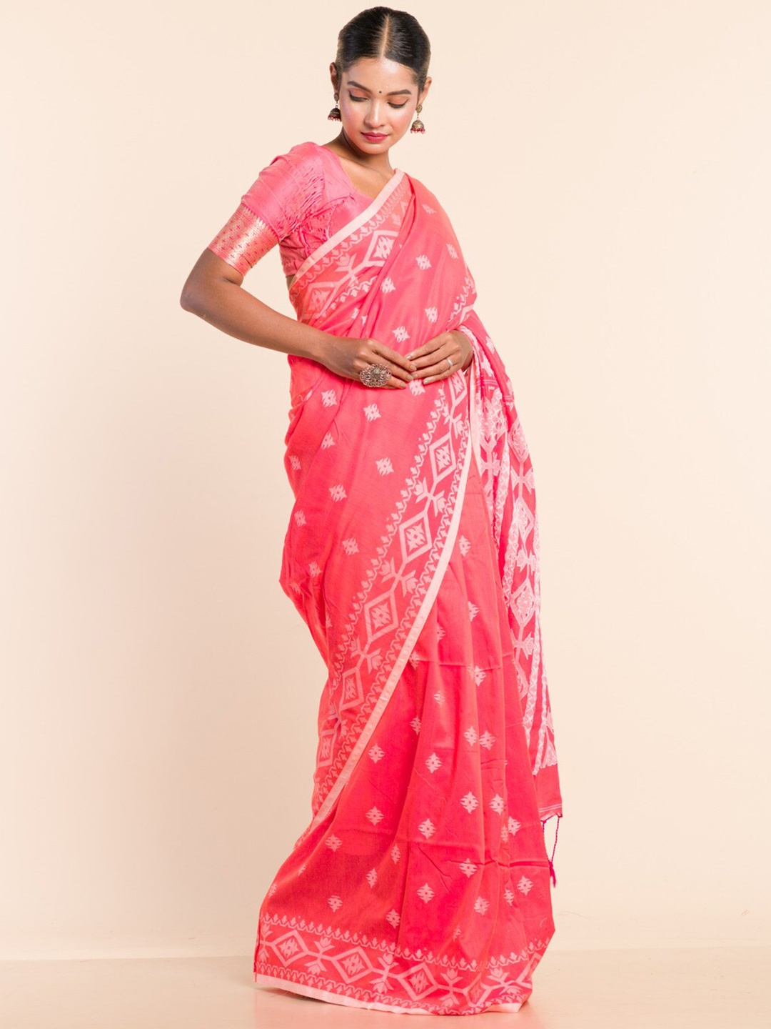 

HERE&NOW Ethnic Motifs Woven Design Jamdani Saree, Peach