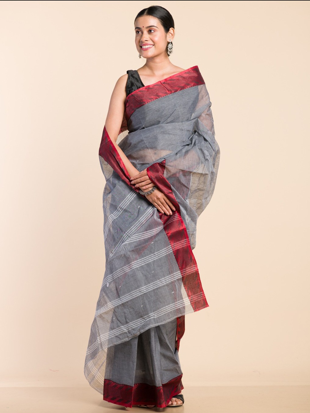 

HERE&NOW Pure Cotton Taant Saree, Steel