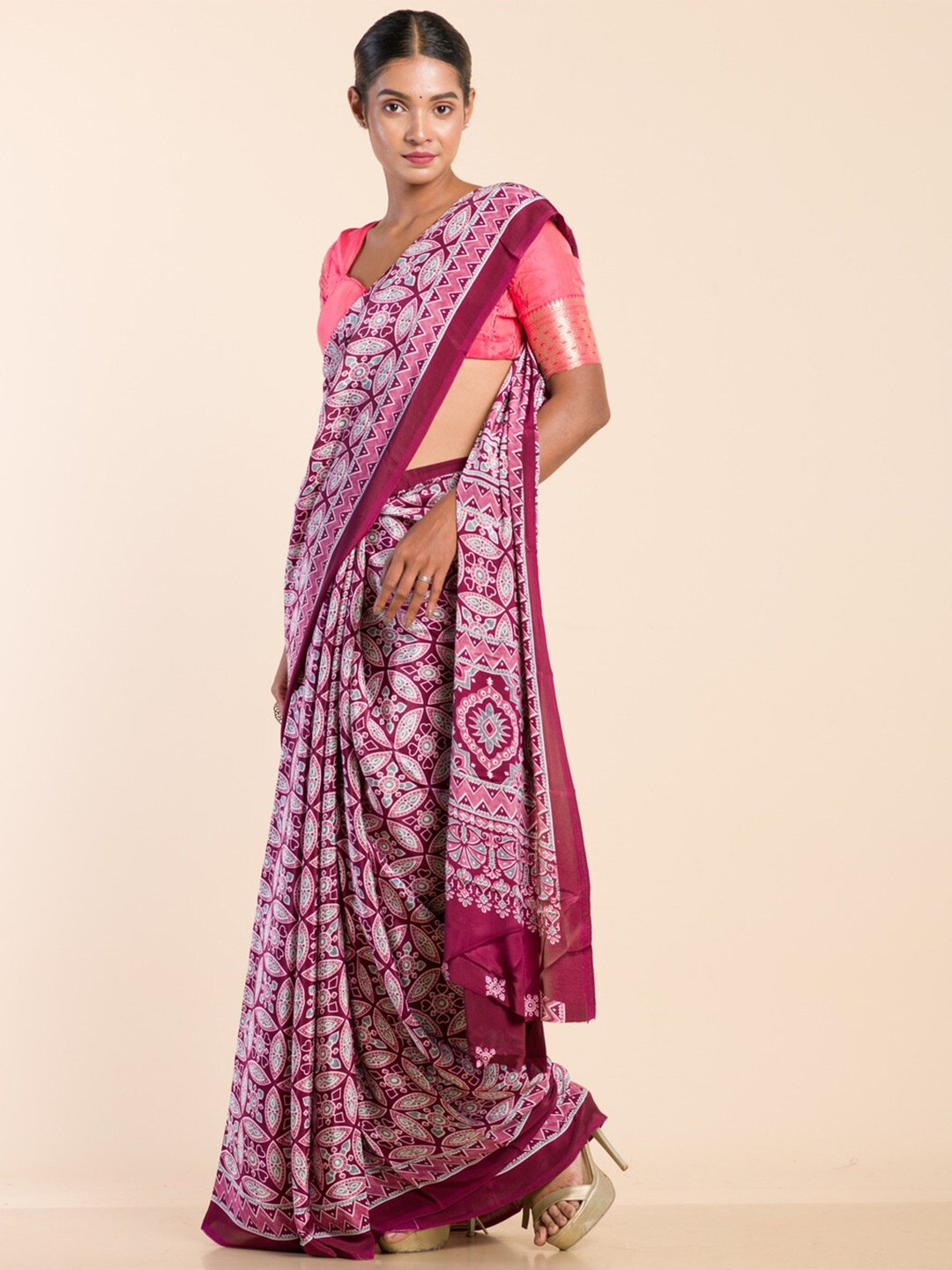 

HERE&NOW Ethnic Motifs Block Print Saree, Maroon