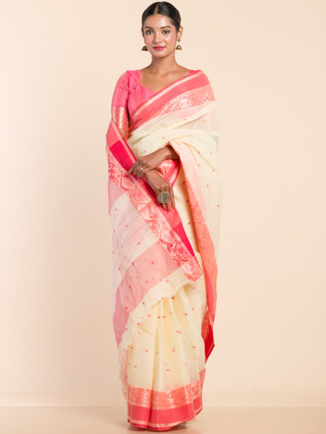 

HERE&NOW Ethnic Motifs Woven Design Zari Pure Cotton Taant Saree, Cream