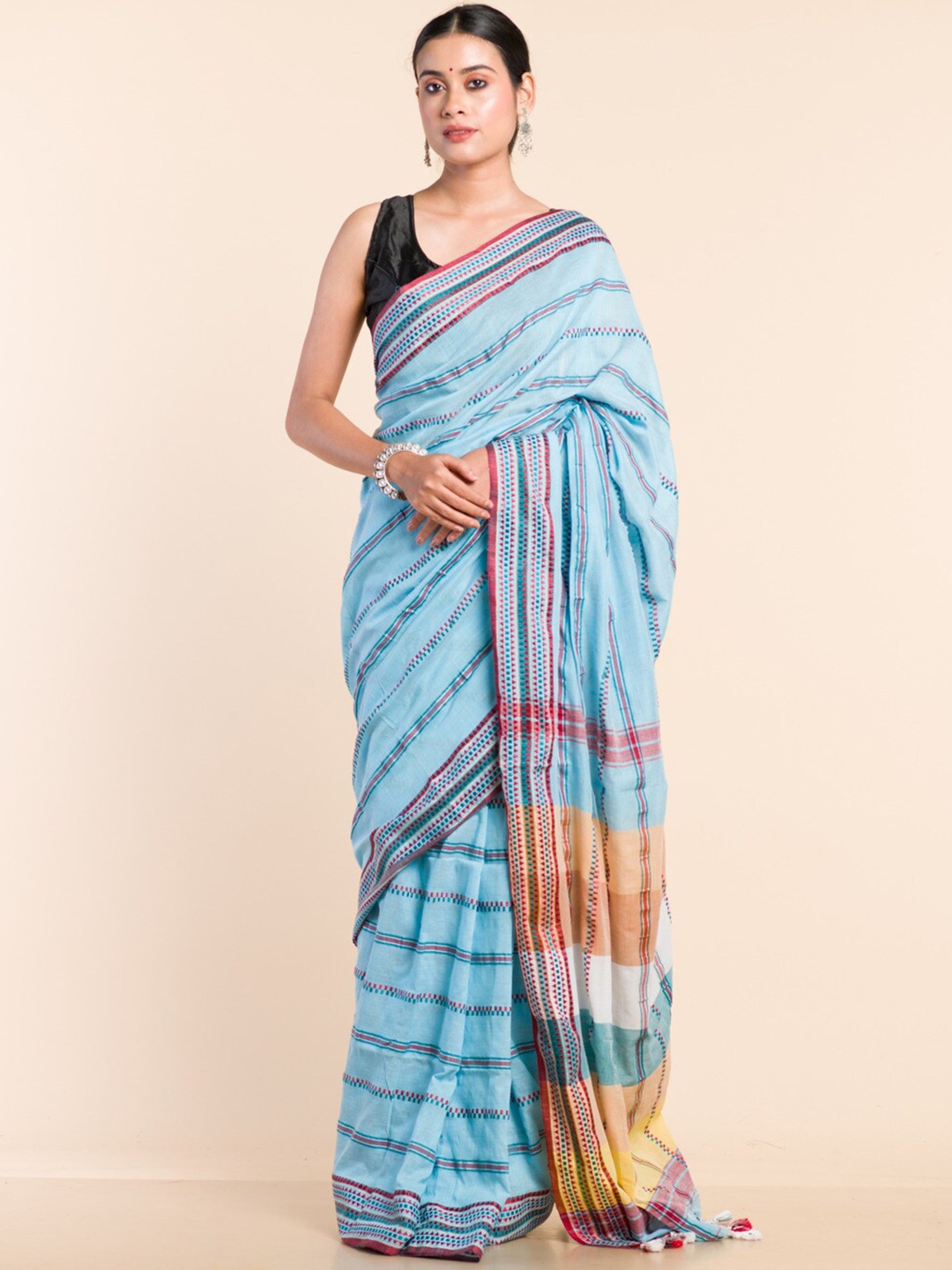 

HERE&NOW Geometric Embroidered Pure Cotton Saree, Blue