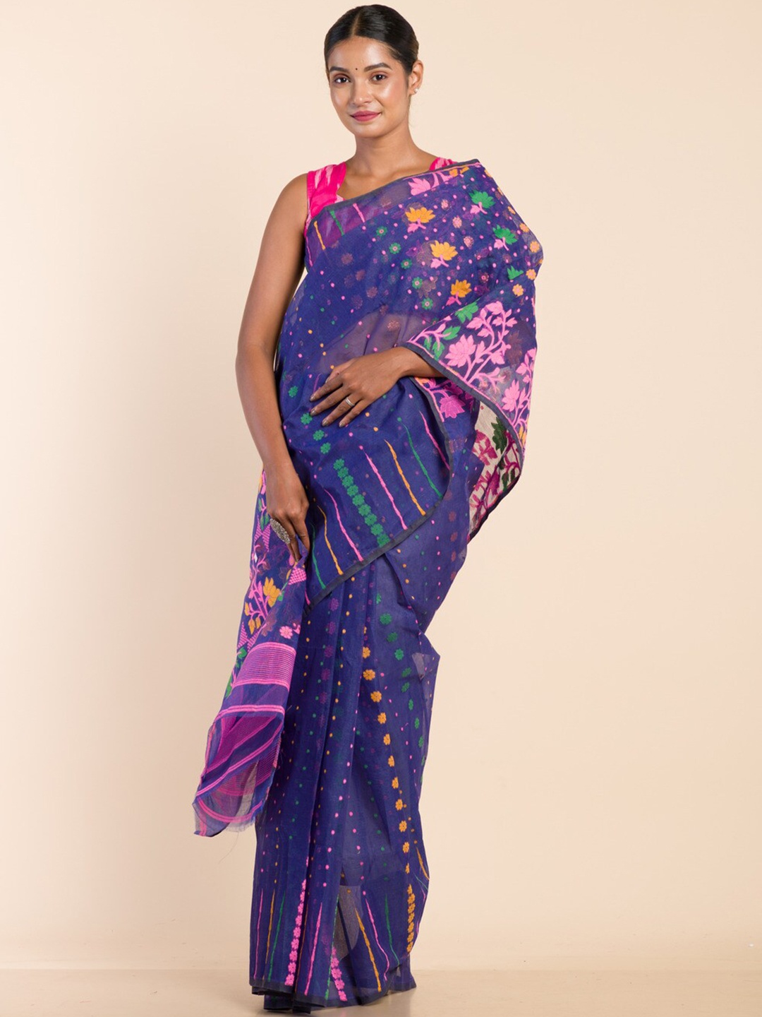 

HERE&NOW Floral Woven Design Jamdani Saree, Blue