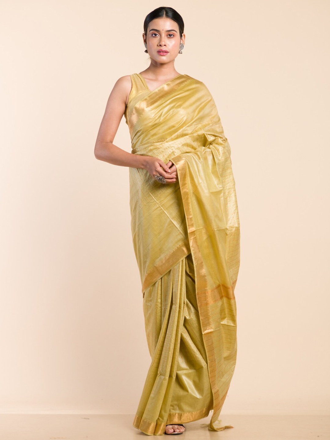 

HERE&NOW Checked Woven Design Zari Silk Blend Bhagalpuri Saree, Beige