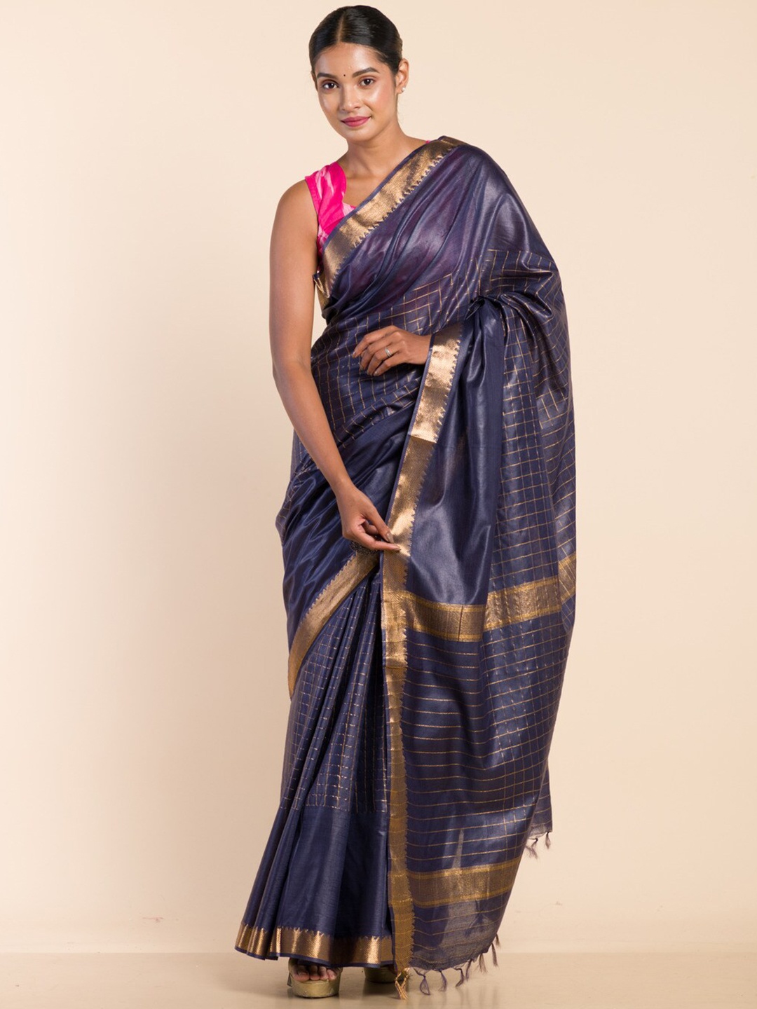 

HERE&NOW Checked Woven Design Zari Silk Blend Bhagalpuri Saree, Navy blue