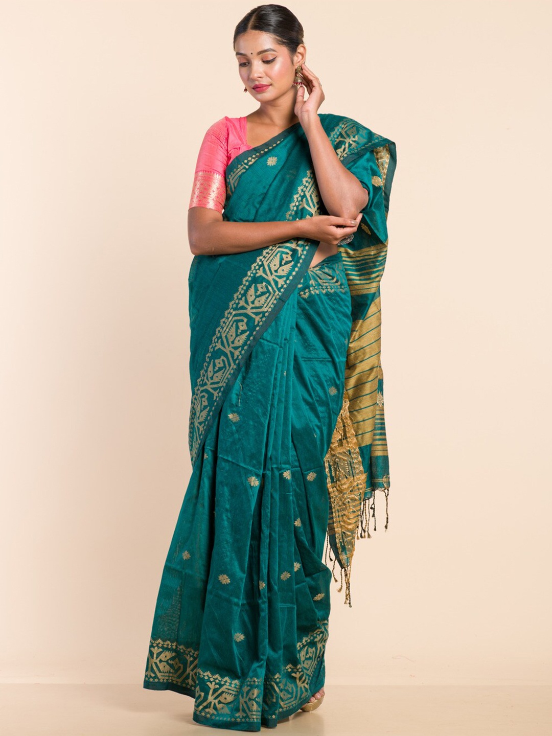 

HERE&NOW Ethnic Motifs Woven Design Zari Jamdani Saree, Green