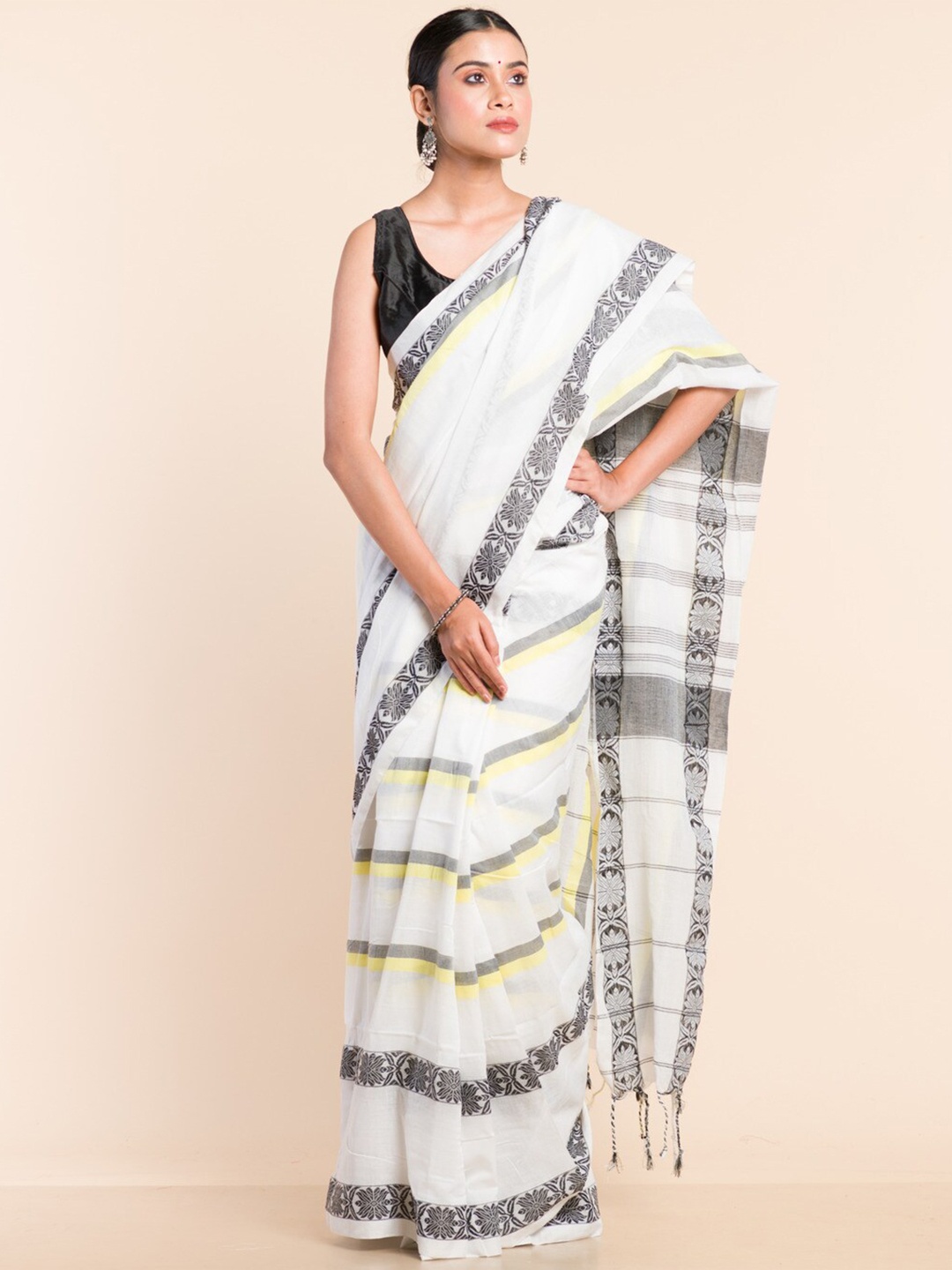 

HERE&NOW Striped Woven Design Pure Cotton Khadi Saree, White