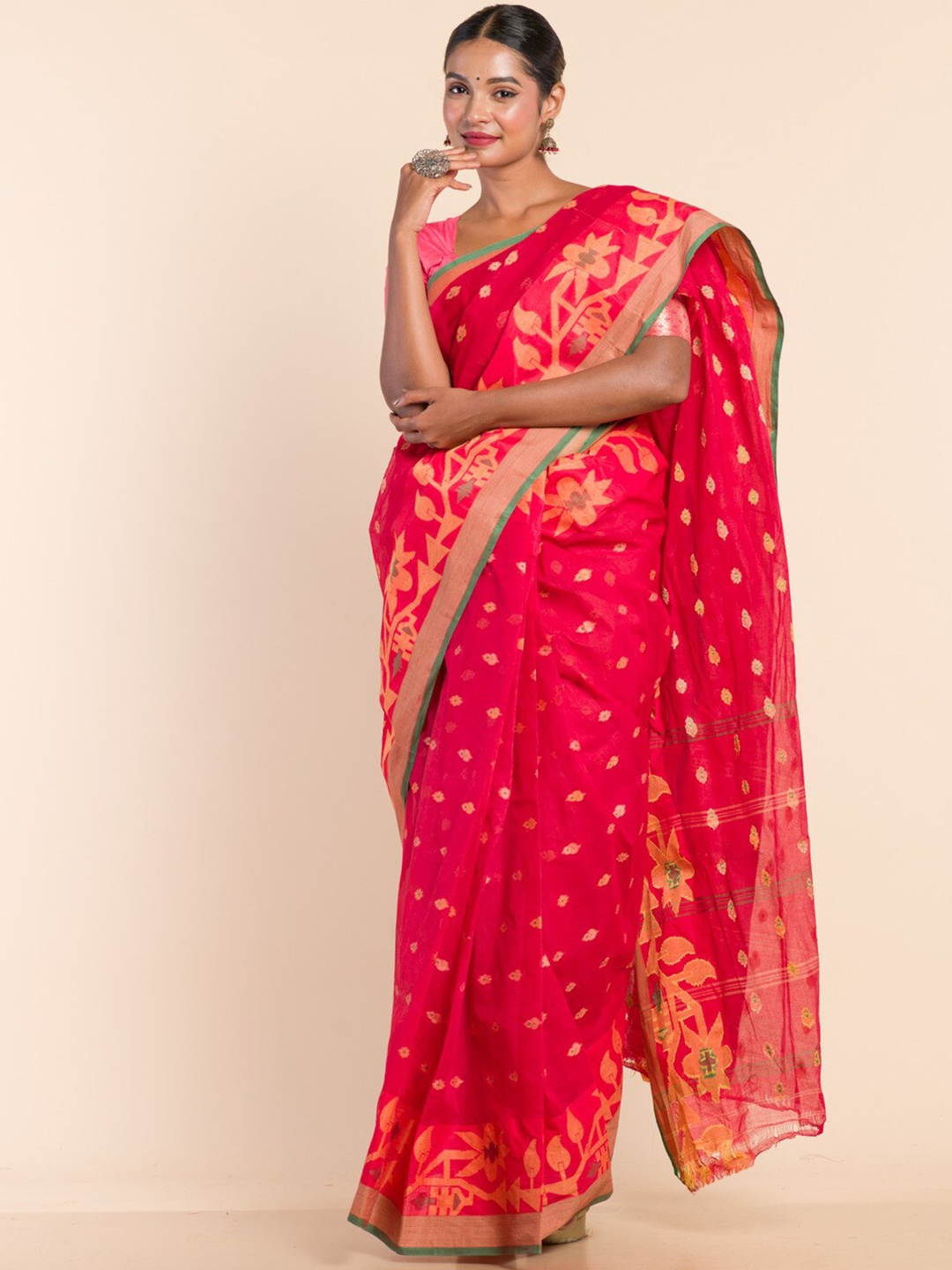

HERE&NOW Ethnic Motifs Woven Design Zari Pure Cotton Taant Saree, Red