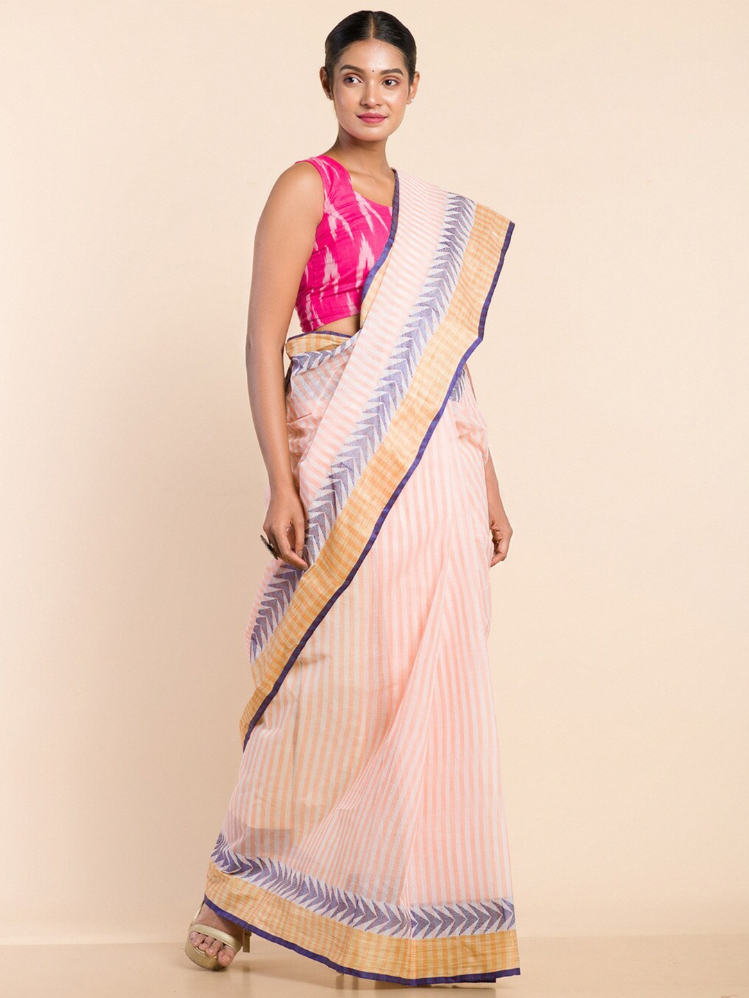 

HERE&NOW Striped Pure Cotton Taant Saree, Peach