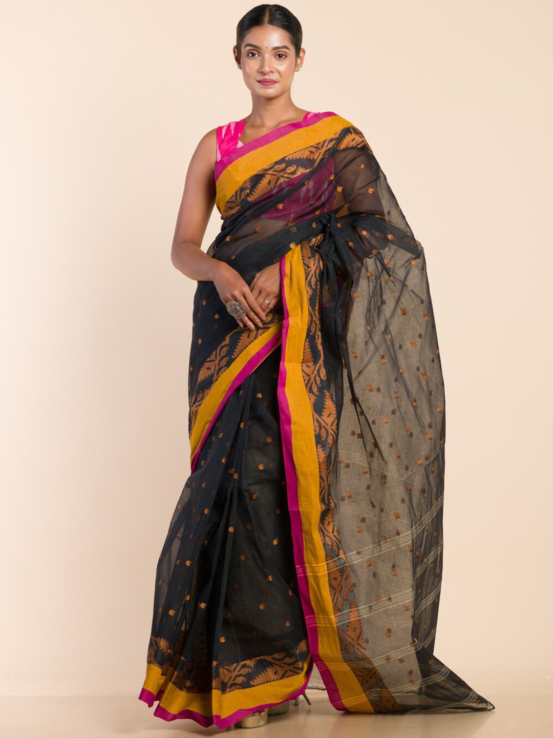 

HERE&NOW Floral Woven Design Pure Cotton Taant Saree, Black