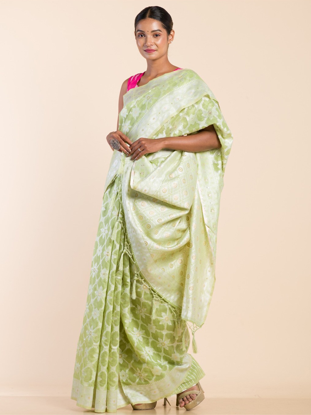 

HERE&NOW Woven Design Zari Chanderi Saree, Fluorescent green