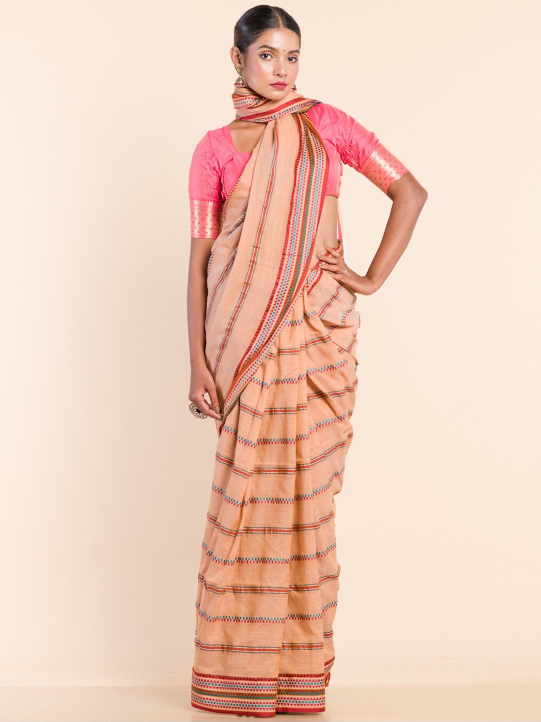 

HERE&NOW Geometric Embroidered Pure Cotton Khadi Saree, Peach