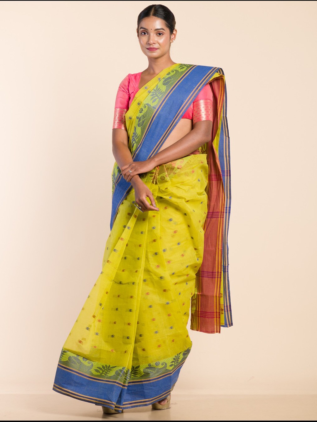 

HERE&NOW Ethnic Motifs Woven Design Pure Cotton Taant Saree, Fluorescent green