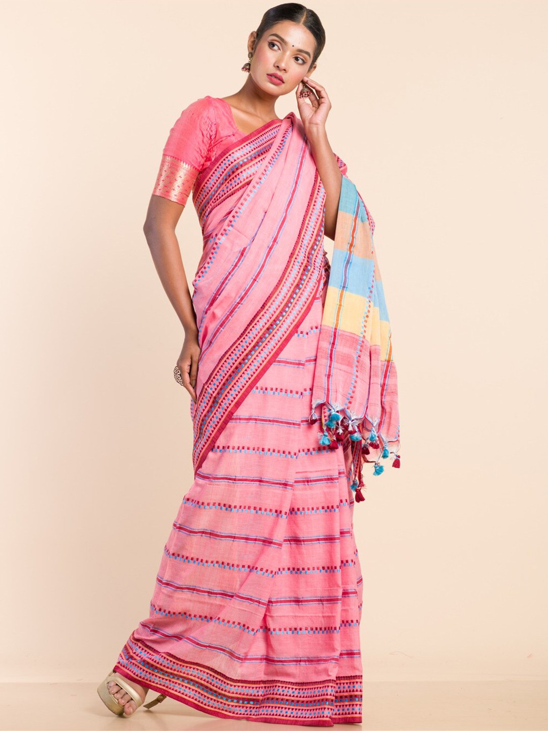 

HERE&NOW Striped Pure Cotton Saree, Pink