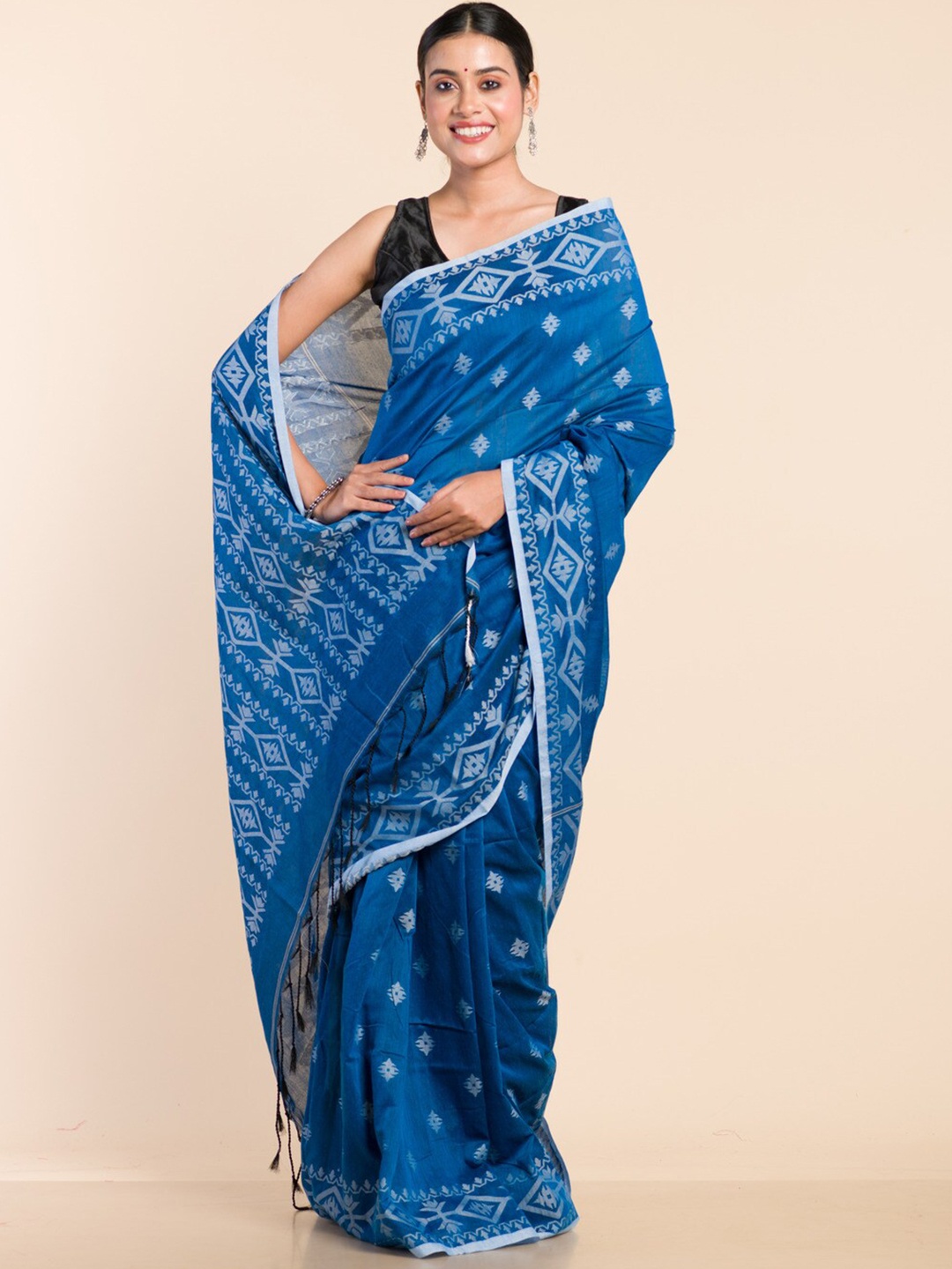 

HERE&NOW Geometric Woven Design Jamdani Saree, Blue