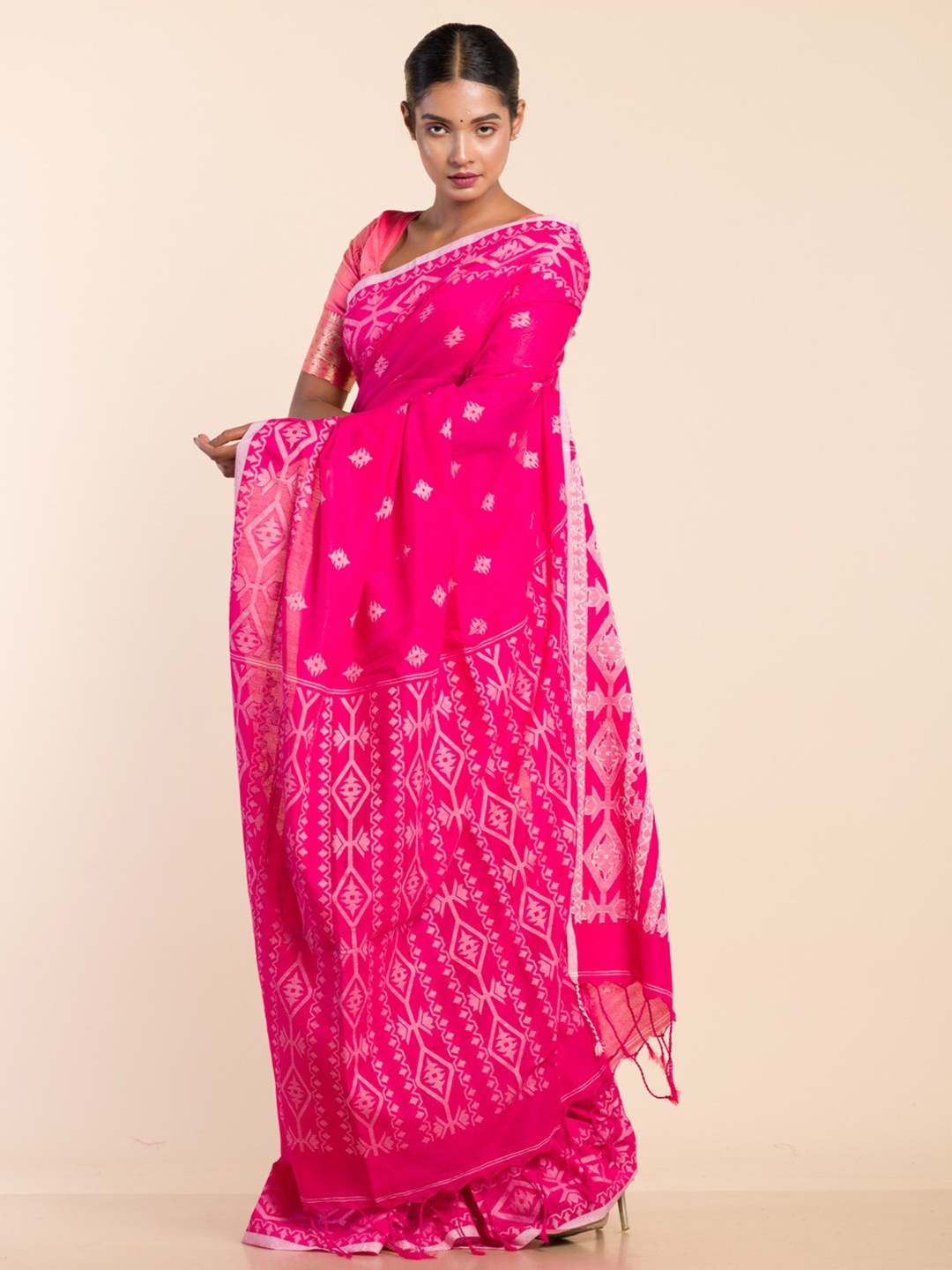 

HERE&NOW Ethnic Motifs Woven Design Jamdani Saree, Pink