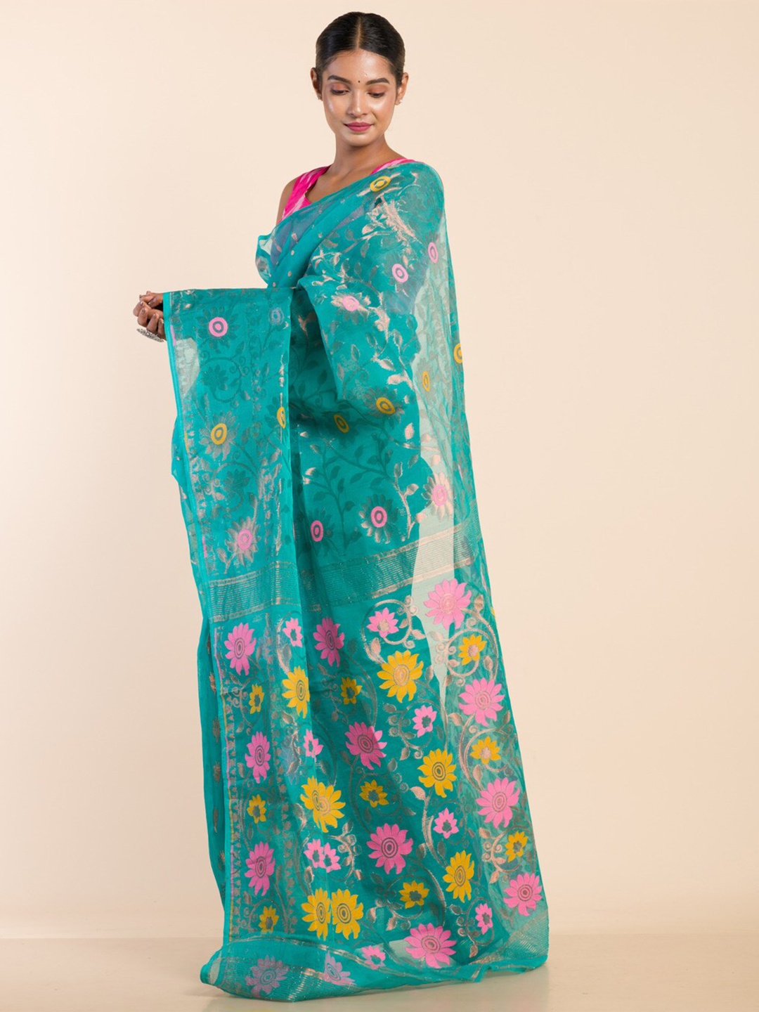 

HERE&NOW Floral Woven Design Zari Jamdani Saree, Sea green