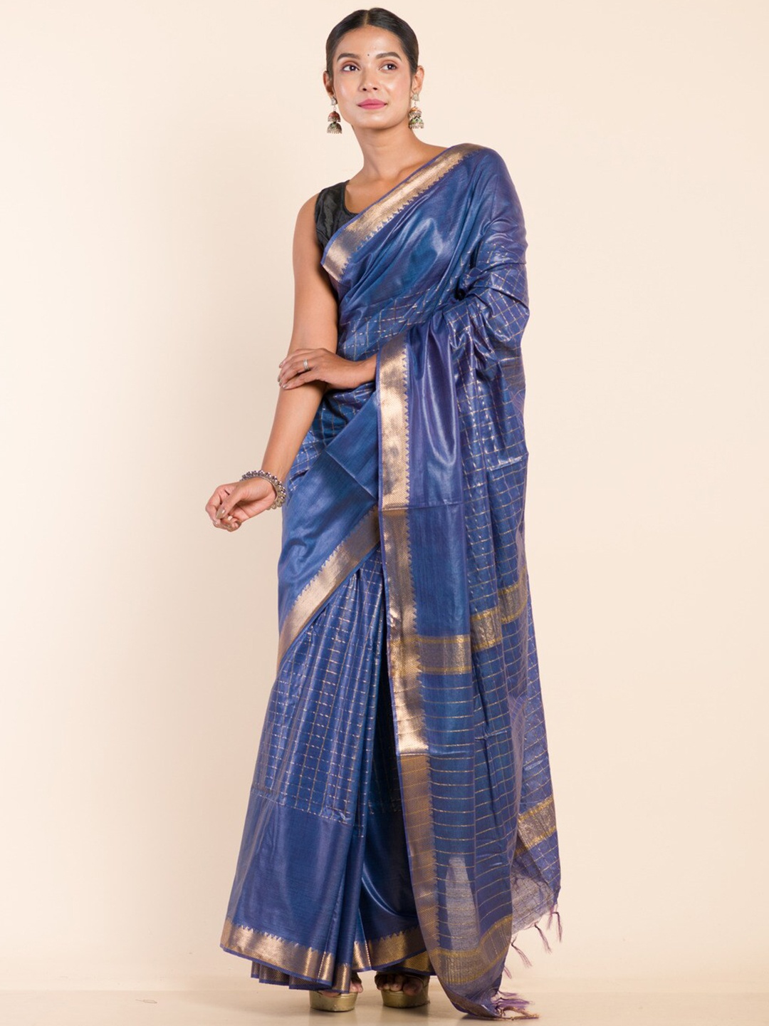 

HERE&NOW Checked Woven Design Zari Silk Blend Bhagalpuri Saree, Blue