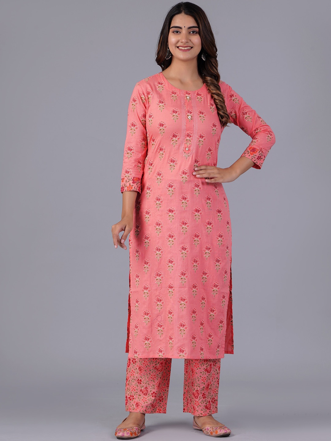 

Bachuu Floral Printed Straight Pure Cotton Kurta With Trousers, Peach