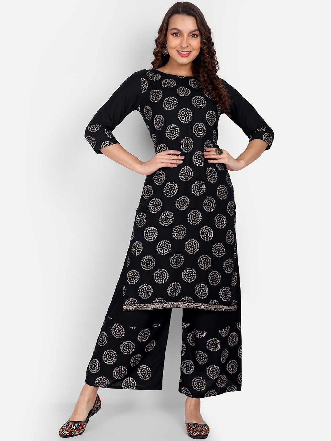 

ZIRVI Geometric Printed Regular Straight Kurta With Palazzos, Black