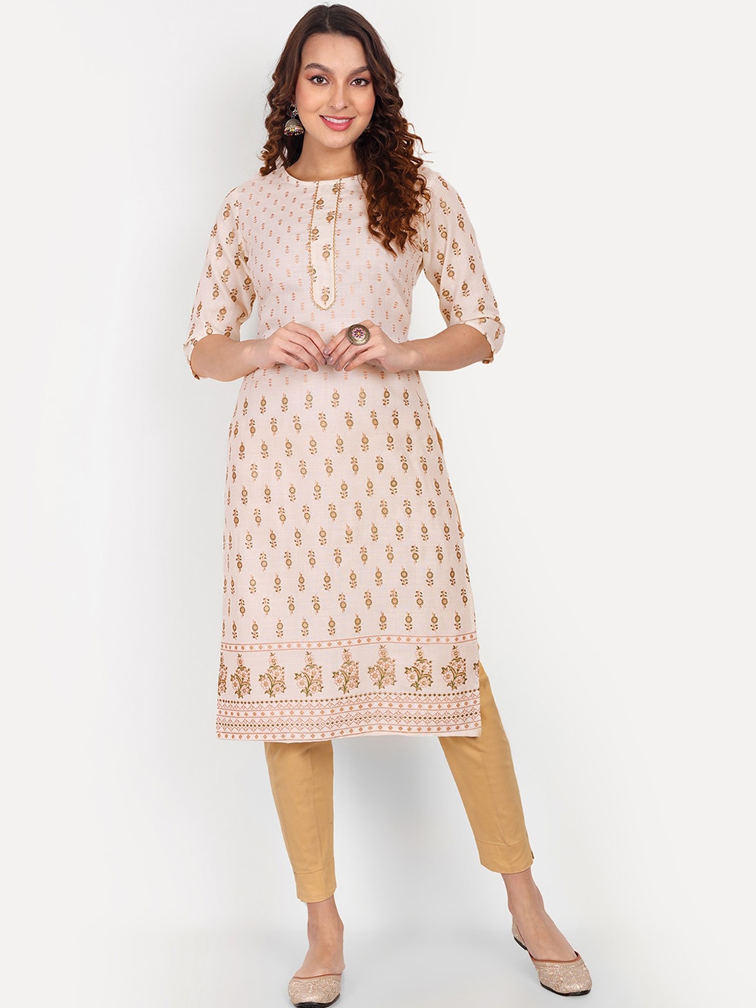 

ZIRVI Floral Printed Regular Straight Kurta With Trousers, White