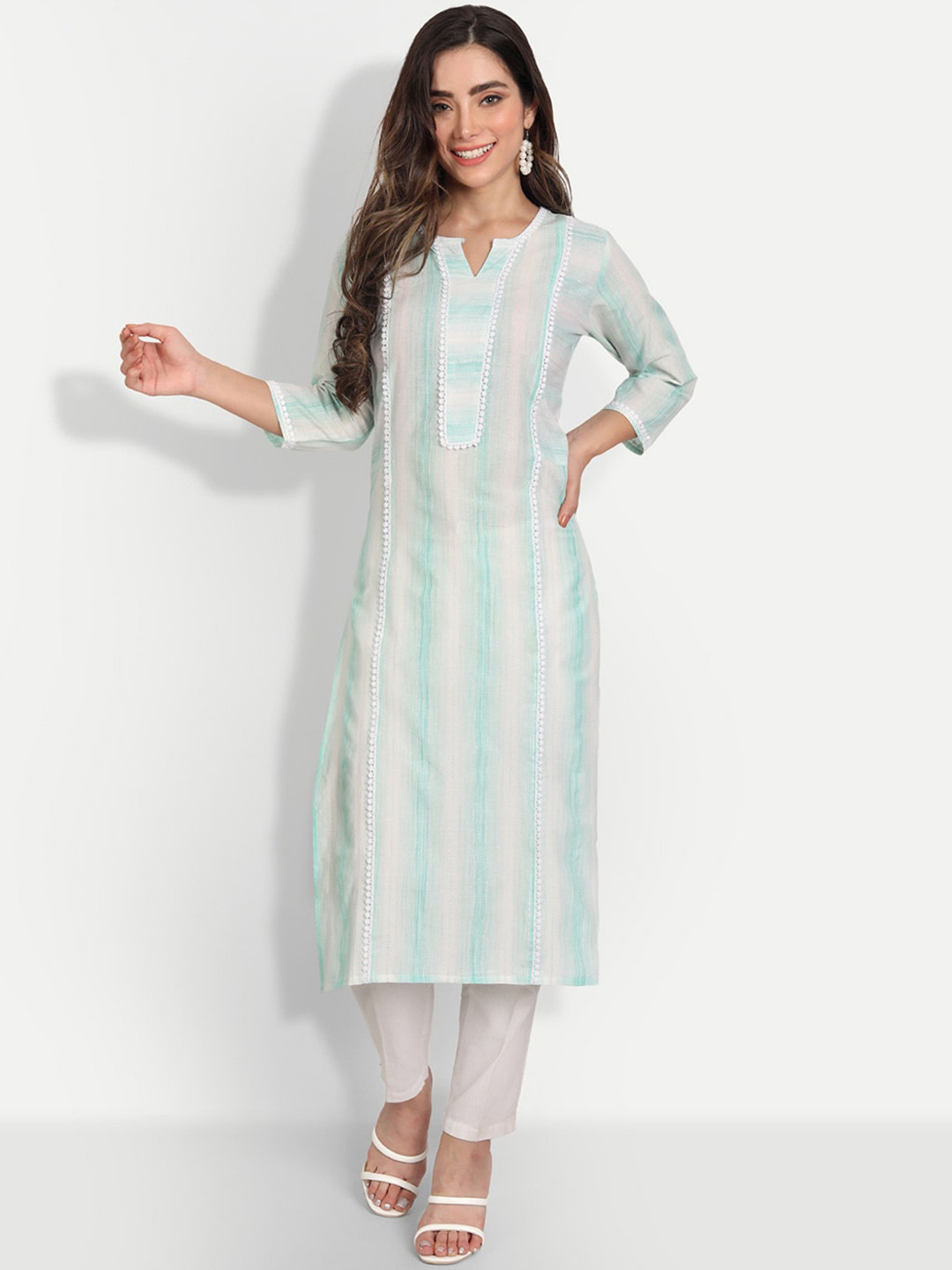 

ZIRVI Striped Round Neck Cotton Regular Kurta with Palazzos, Green