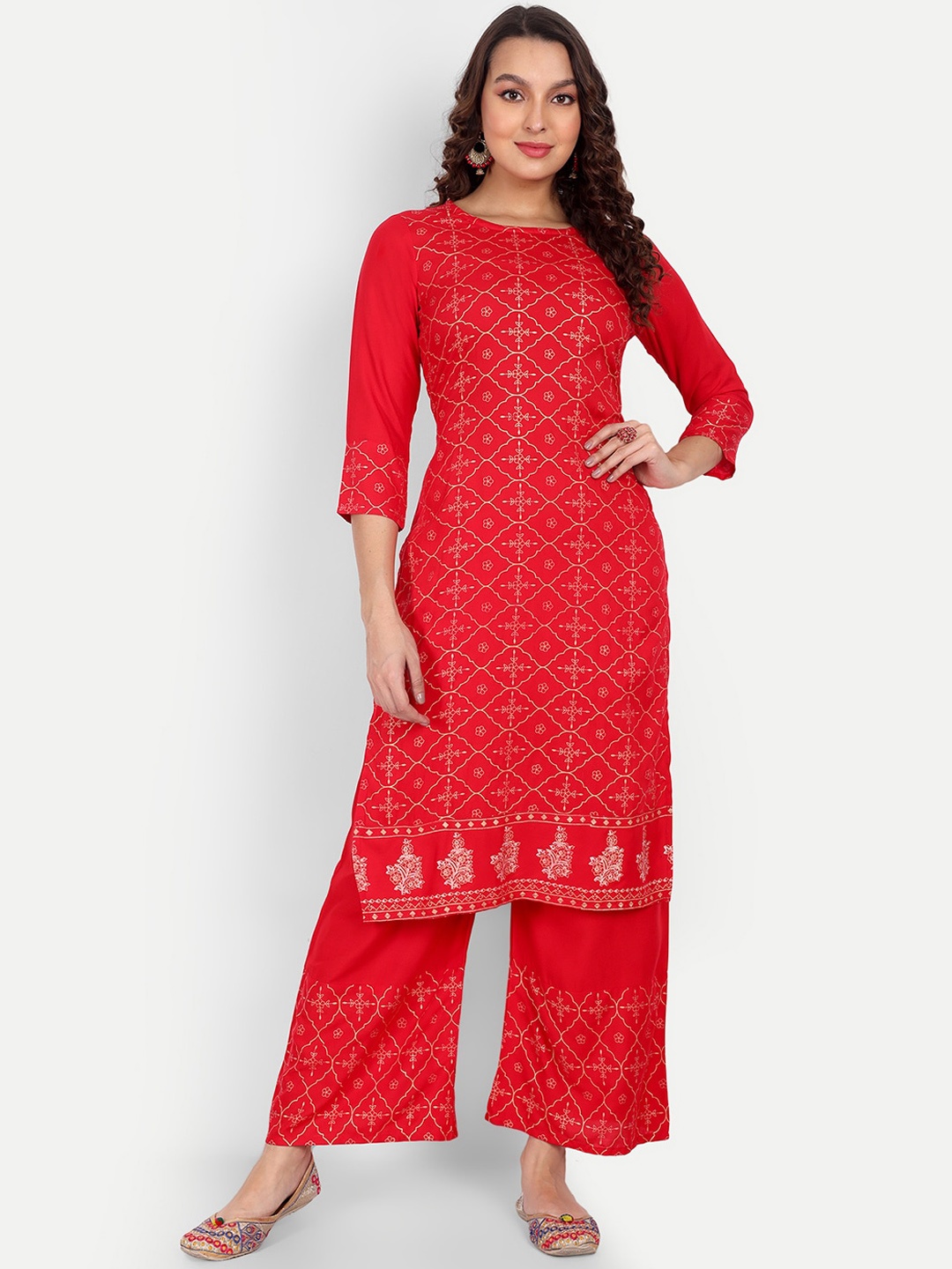 

ZIRVI Ethnic Motif Printed Regular Straight Kurta With Palazzos, Red