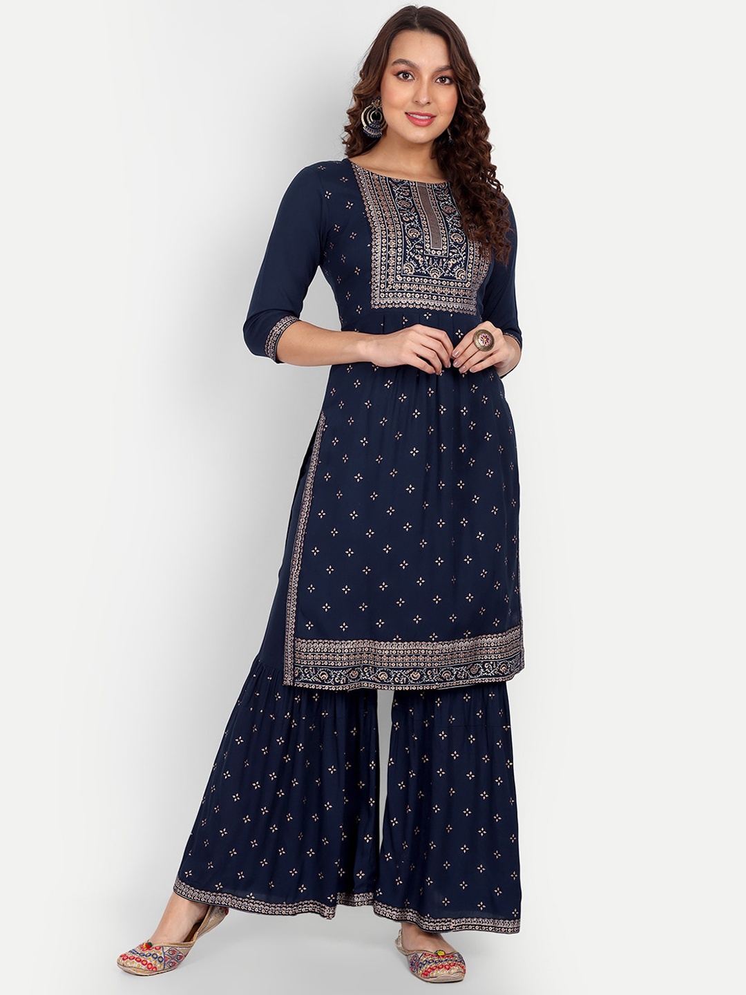 

ZIRVI Ethnic Motifs Printed Regular Straight Kurta With Sharara, Navy blue