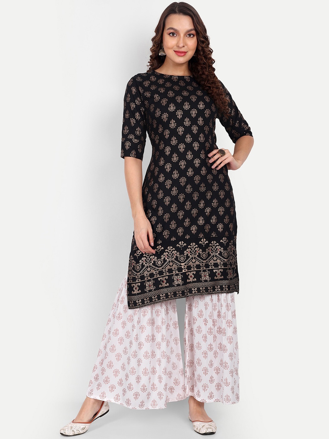 

ZIRVI Floral Printed Regular Kurta with Sharara, Black