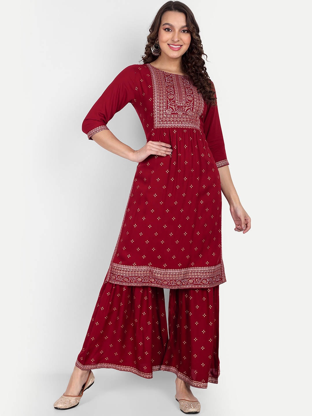 

ZIRVI Ethnic Motifs Foil Printed Regular Straight Kurta With Sharara, Red
