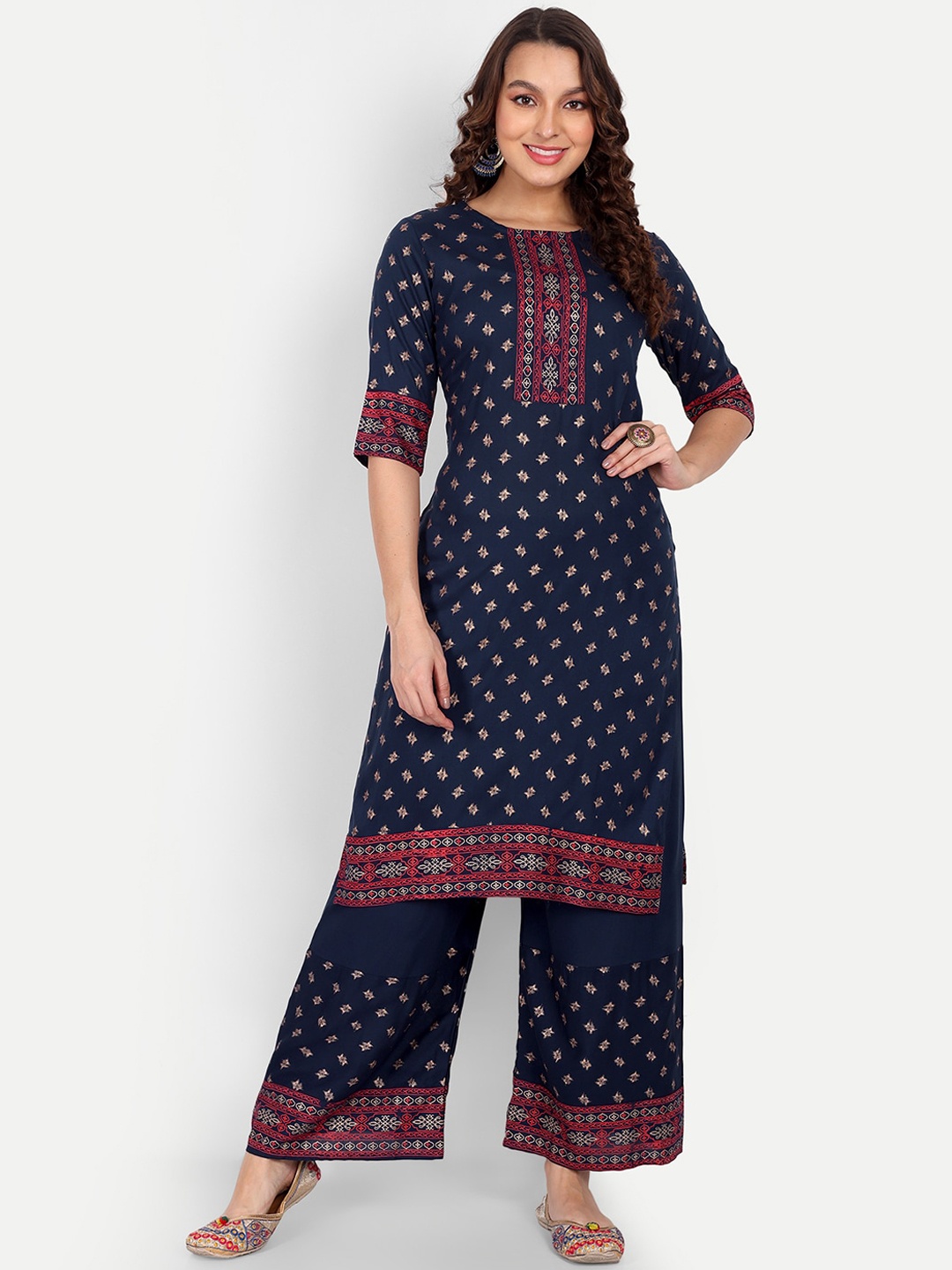 

ZIRVI Ethnic Motifs Printed Regular Kurta with Palazzos, Navy blue