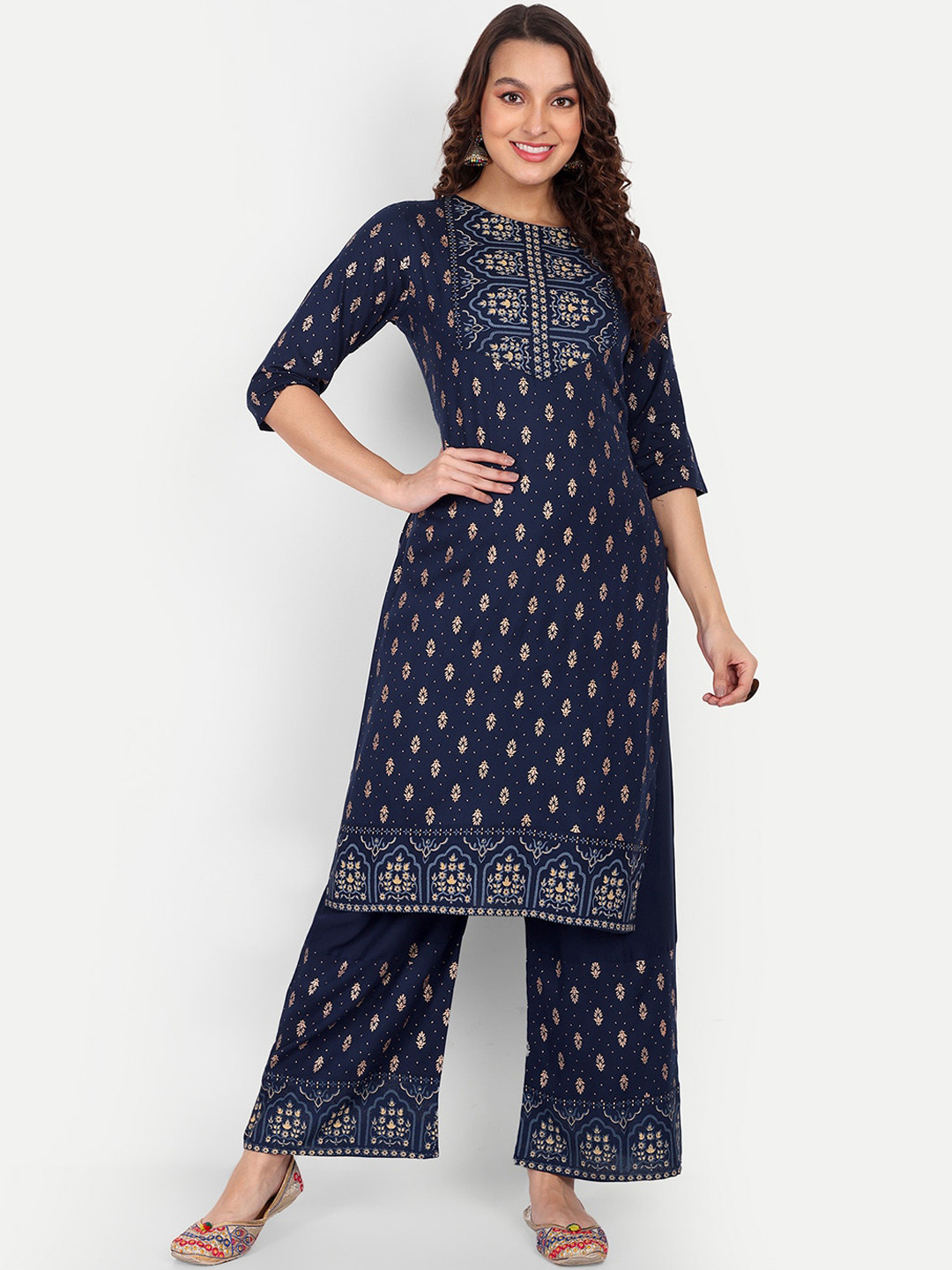 

ZIRVI Ethnic Motifs Printed Regular Kurta with Palazzos, Navy blue