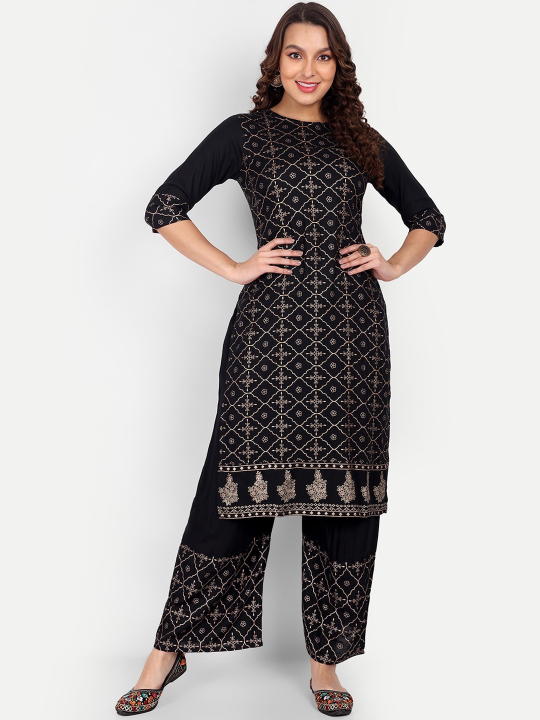 

ZIRVI Ethnic Motifs Printed Regular Kurta with Palazzos, Black