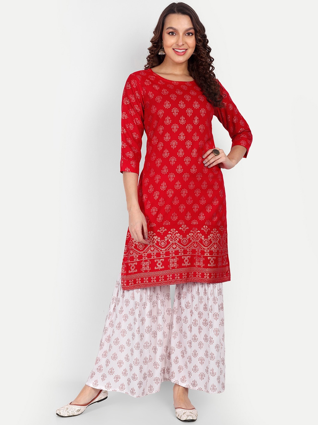 

ZIRVI Ethnic Motifs Printed Round Neck Straight Kurta with Sharara, Red