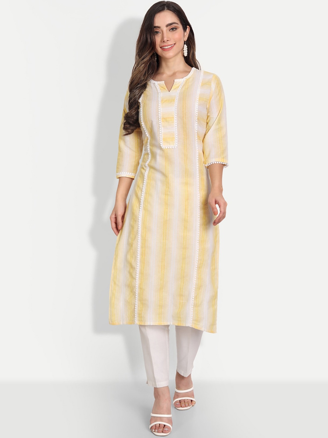 

ZIRVI Striped Regular Organic Cotton Kurta with Trousers, Yellow
