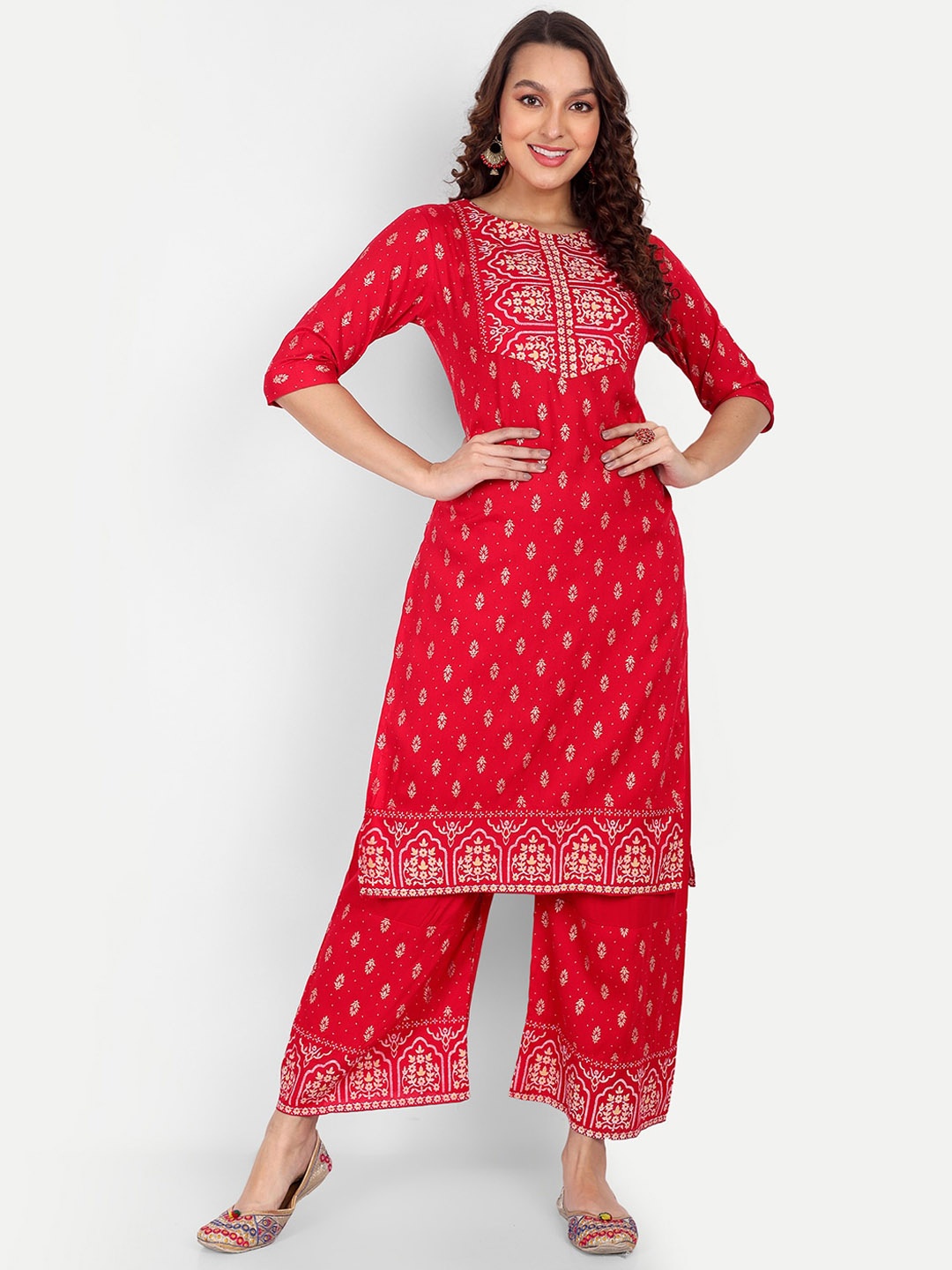 

ZIRVI Floral Printed Regular Straight Kurta With Trousers, Red