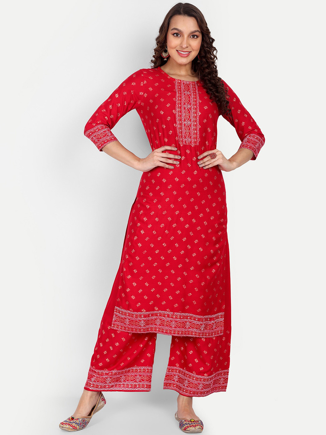 

ZIRVI Ethnic Motifs Printed Regular Kurta with Palazzos, Red