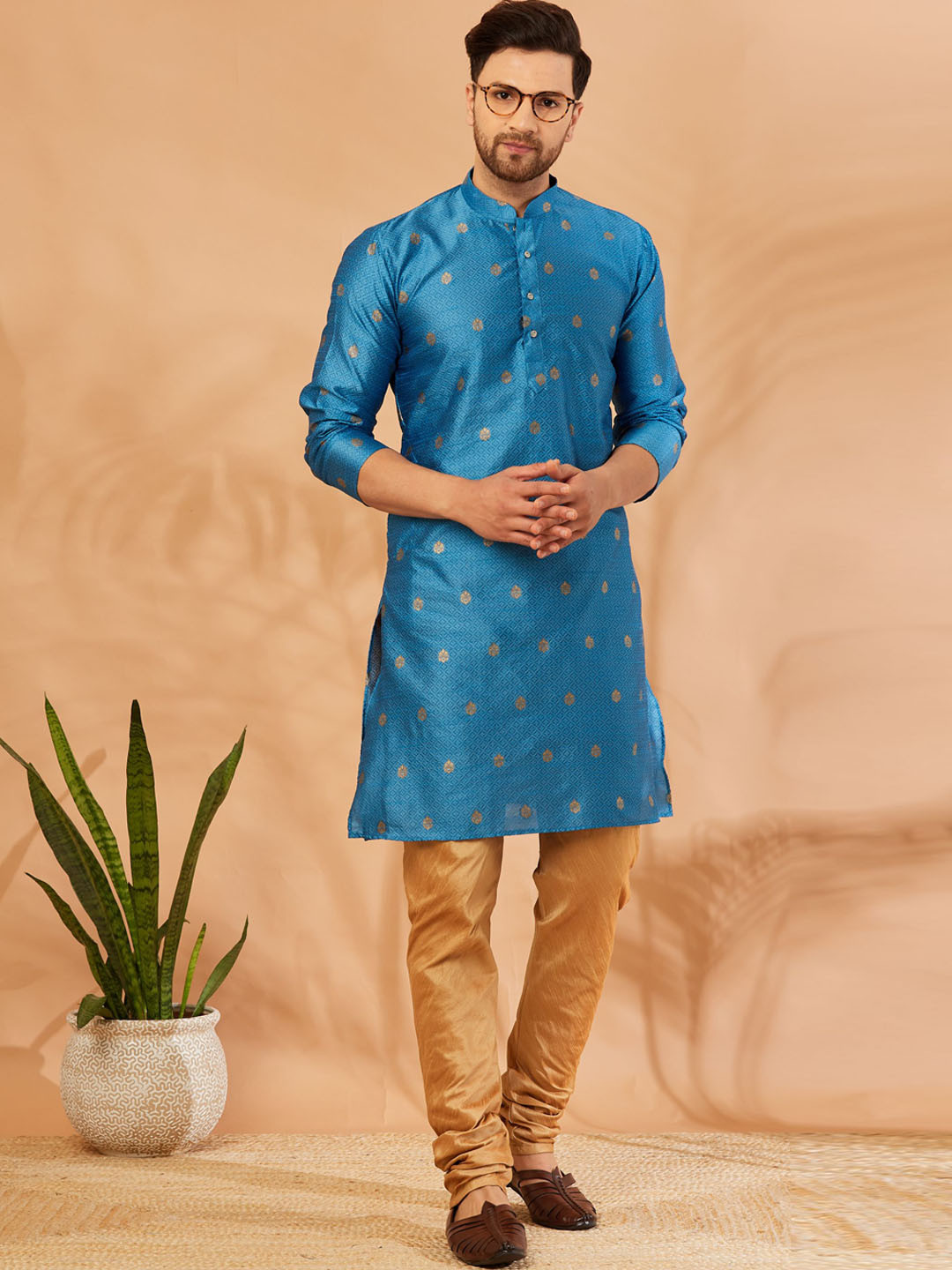 

Armaan Ethnic Ethnic Motifs Printed Mandarin Collar Pure Cotton Kurta with Churidar, Blue