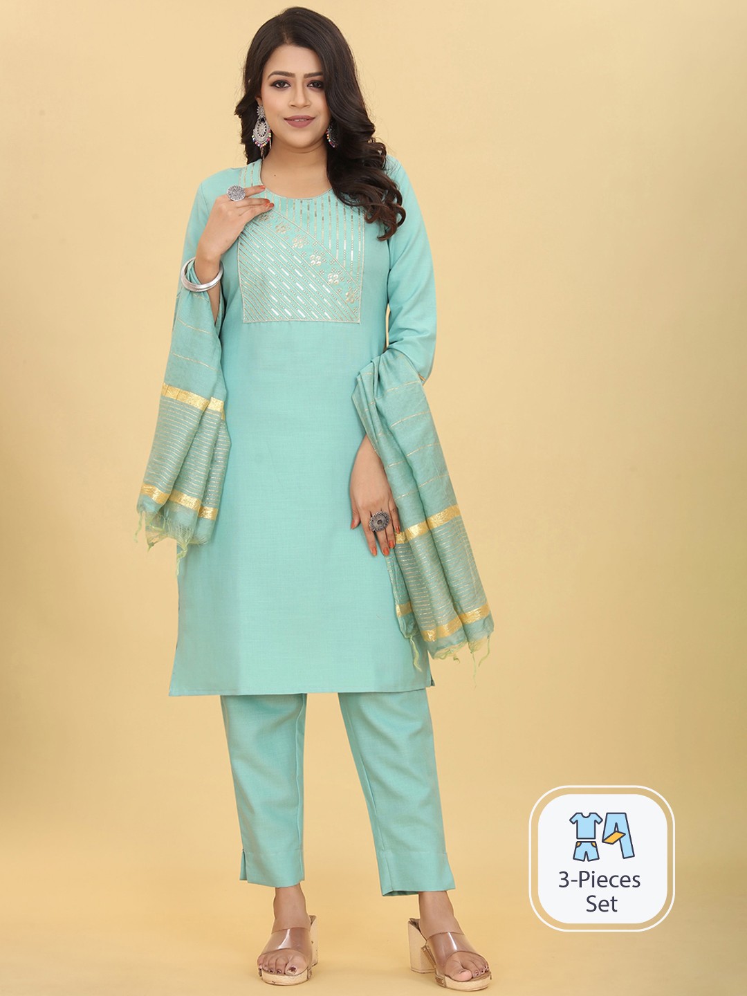 

TAVAS Ethnic Motifs Yoke Design Sequined Straight Kurta with Trousers & Dupatta, Sea green