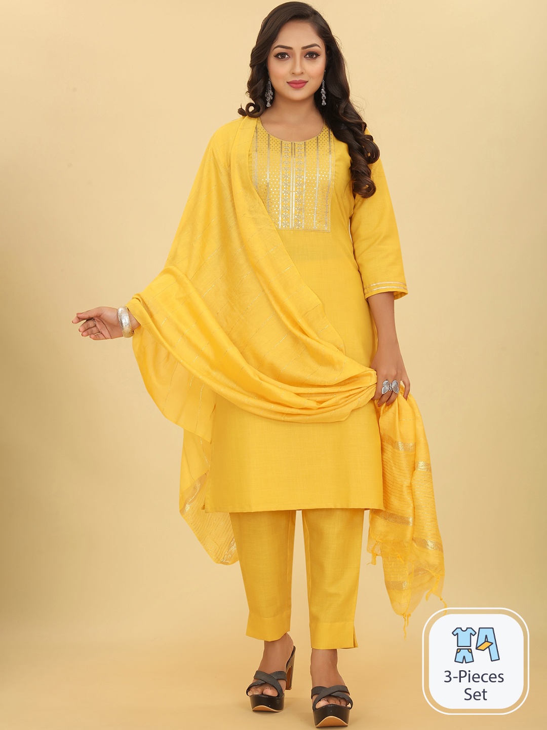 

TAVAS Floral Yoke Design Sequined Straight Kurta with Trousers & Dupatta, Yellow