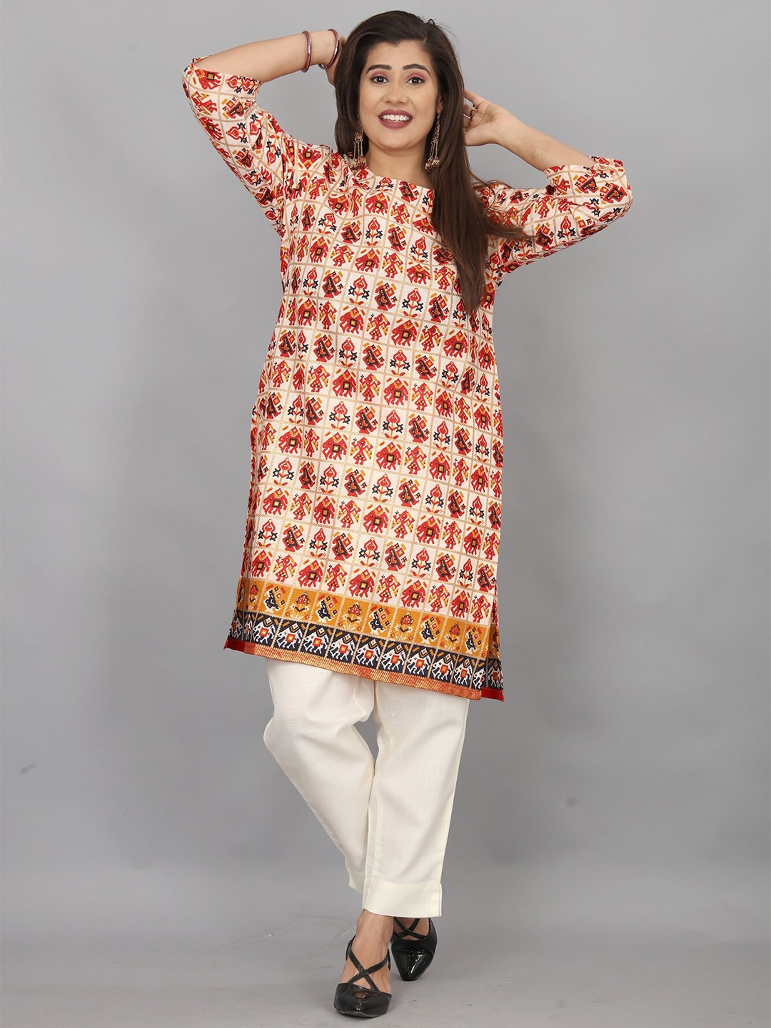 

TAVAS Ethnic Motifs Printed Pure Cotton Straight Kurta, Cream