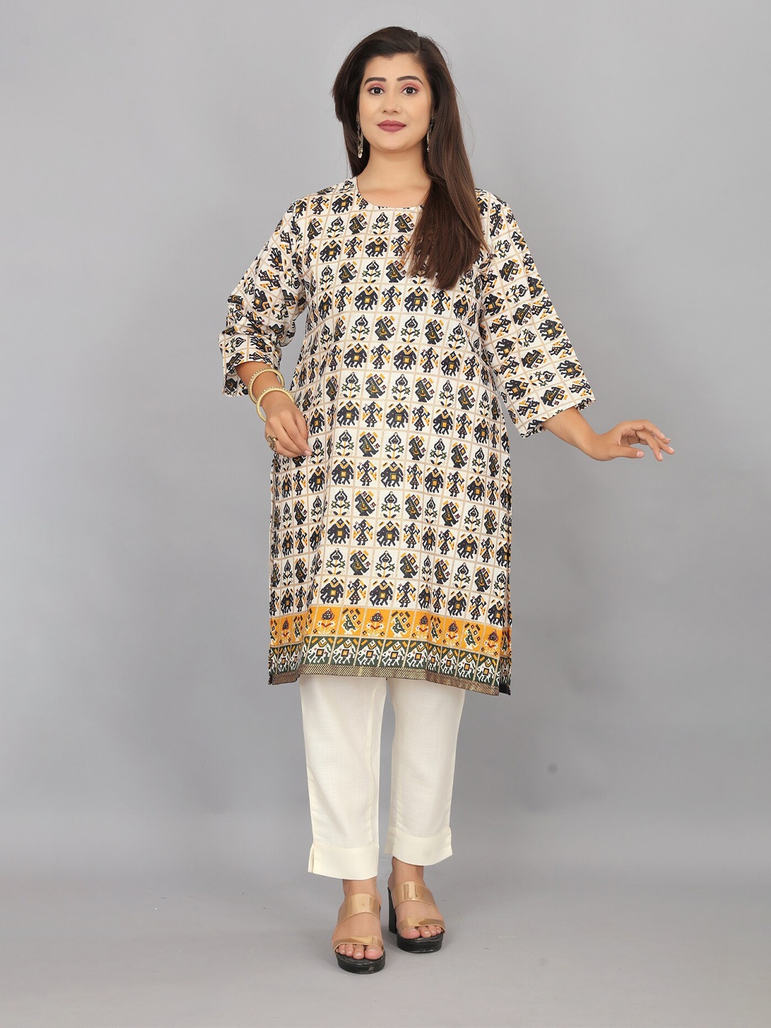 

TAVAS Ethnic Motifs Printed Pure Cotton Straight Kurta, White