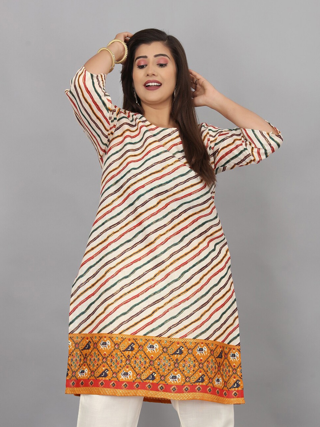

TAVAS Striped Pure Cotton Straight Kurta, White