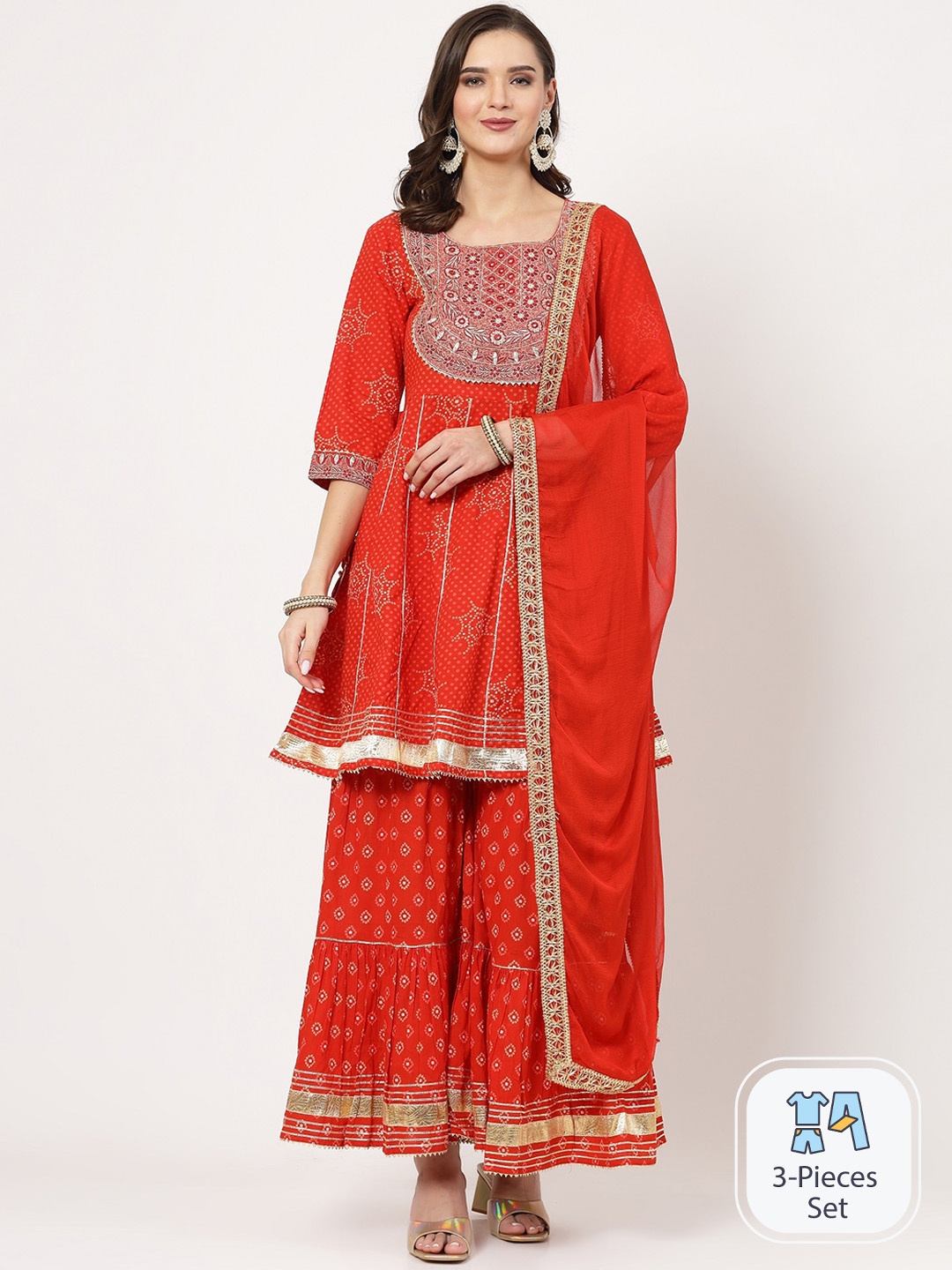 

SWAS Bandhani Printed Gotta Patti Thread Work A-Line Kurta with Sharara & Dupatta, Red